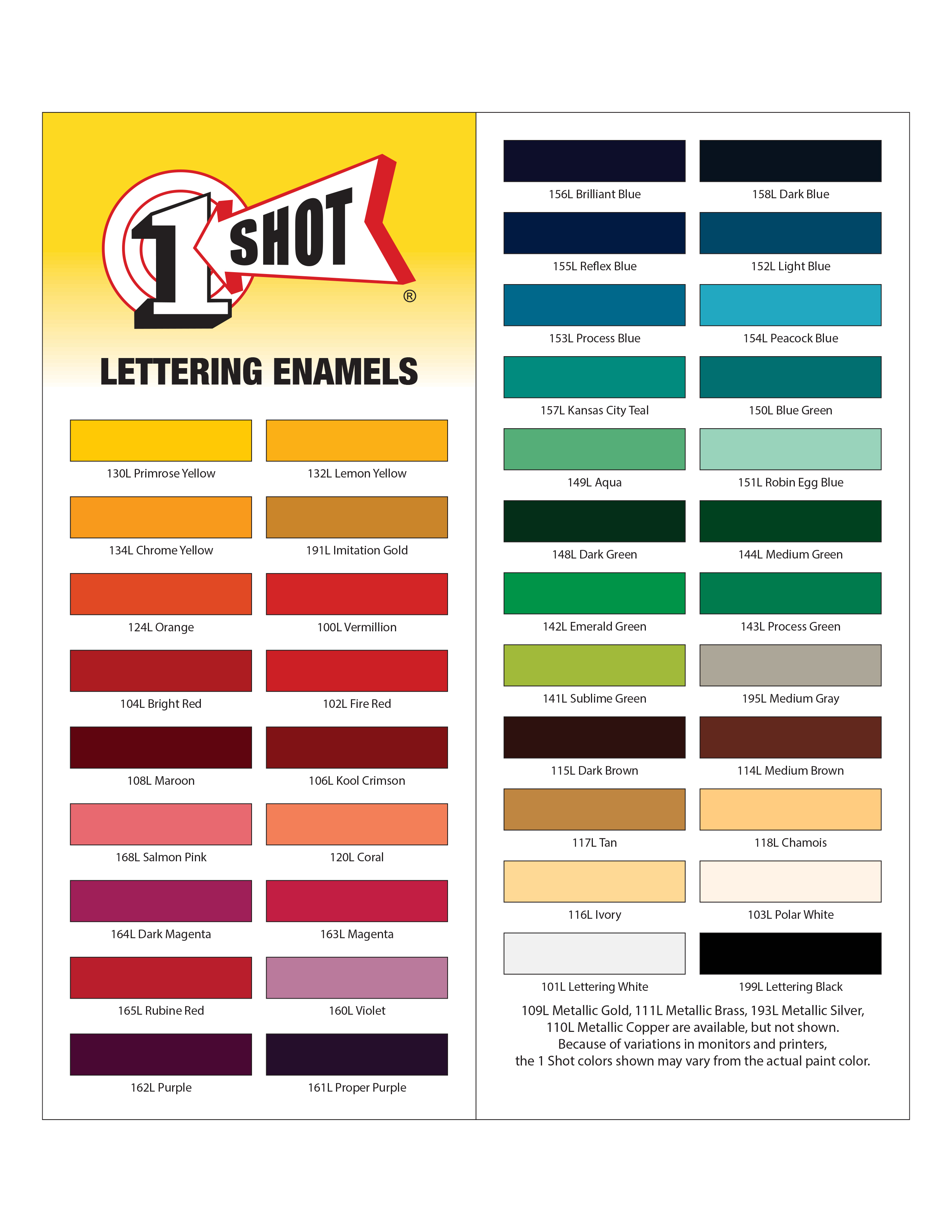 1 Shot Paint Color Chart