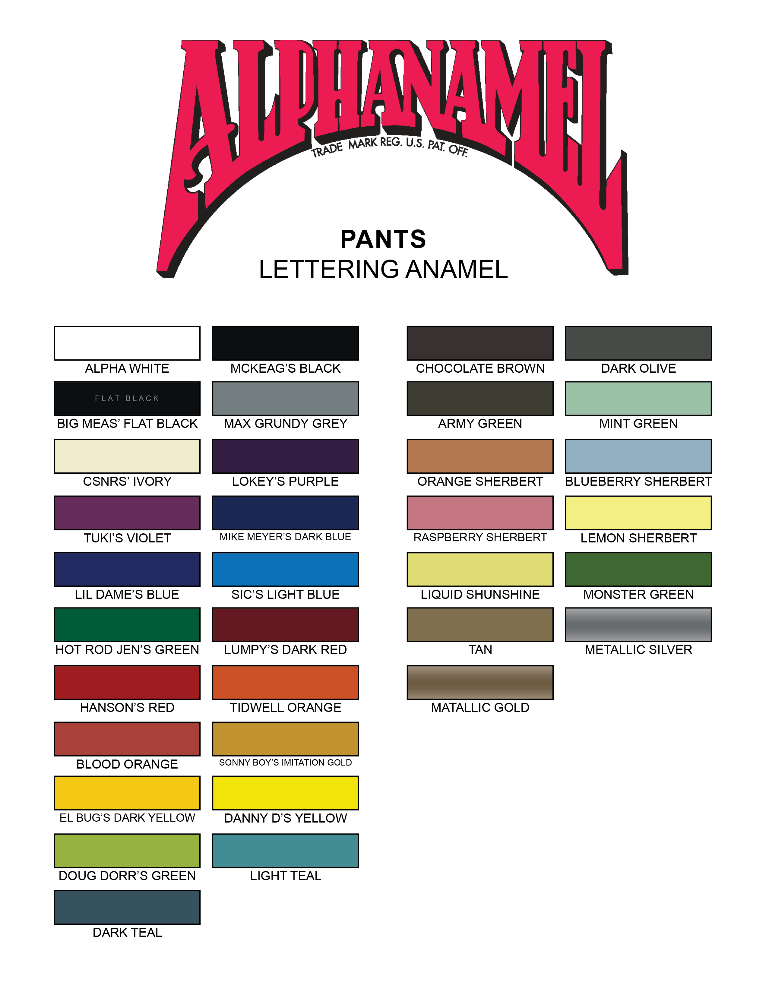 1 Shot Paint Color Chart